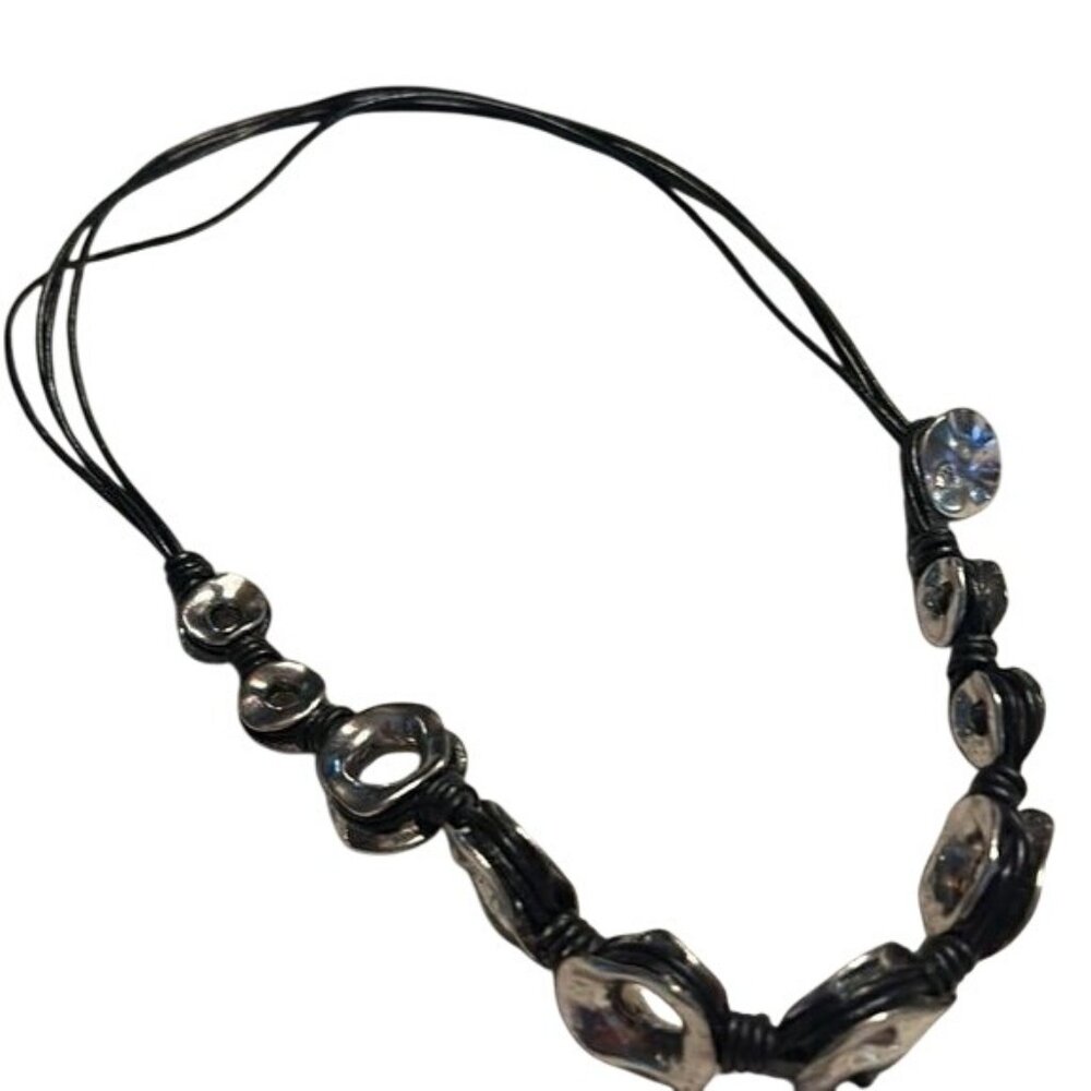 Chunky Black Cord Necklace With Silver-Tone Metal Beads Unique Button Accent - Picture 4 of 4